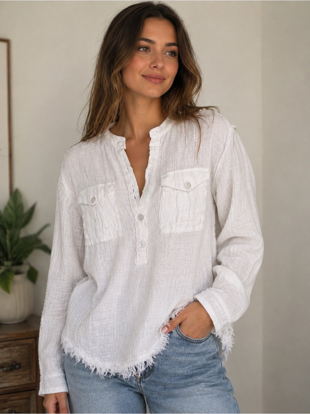 Free People White Gauze Button-Down Pocket Shirt sz Small - Picture 6 of 6